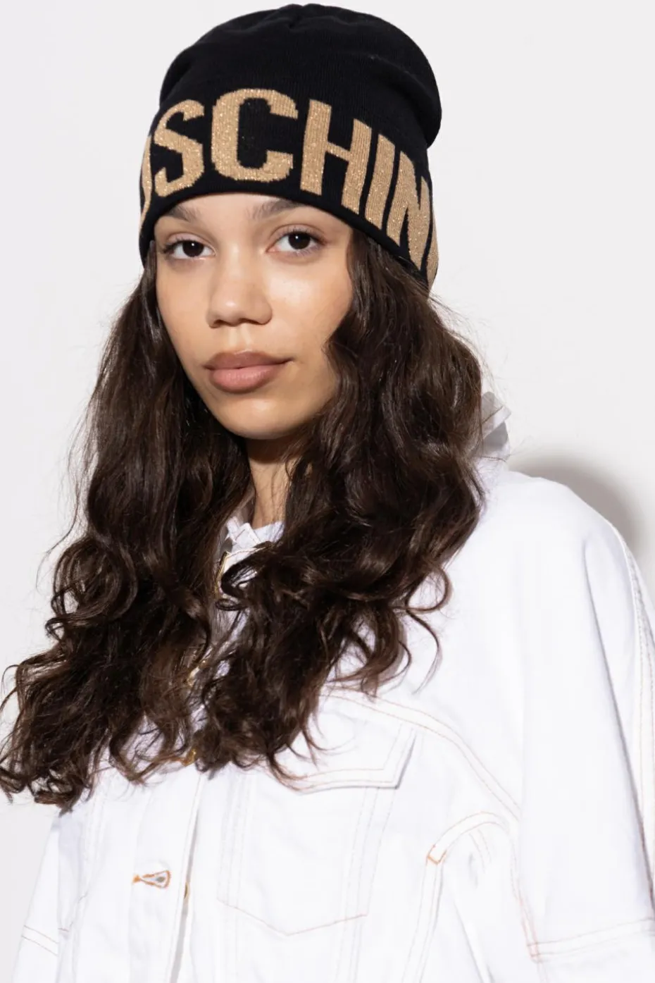 Moschino CZARNY Czapka z logo z lureksową nicią