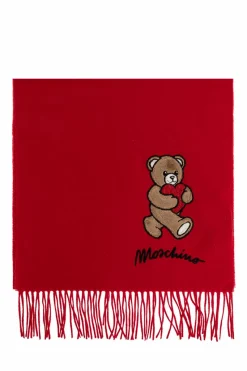 Moschino CZERWONY Wełniany szal z charakterystycznym motywem misia