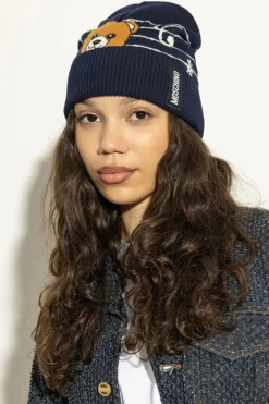 Moschino GRANATOWY Czapka z charakterystycznym motywem misia