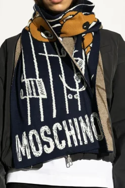 Moschino GRANATOWY Szal z charakterystycznym motywem misia