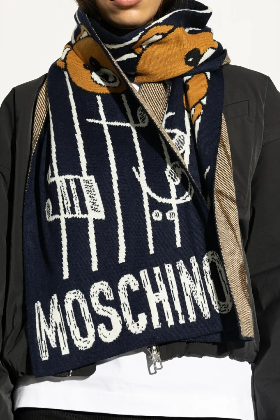 Moschino GRANATOWY Szal z charakterystycznym motywem misia