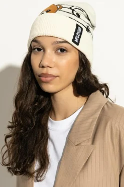Moschino kremowy Czapka z charakterystycznym motywem misia