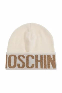 Moschino kremowy Czapka z logo z lureksową nicią