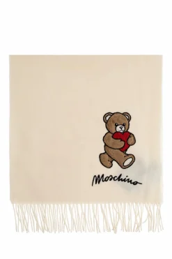 Moschino kremowy Wełniany szal z charakterystycznym motywem misia