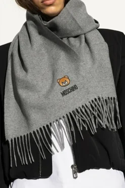 Moschino SZARY Wełniany szal z logo