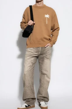 Palm Angels BRĄZOWY Sweter ze wzorem palm