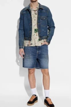 Palm Angels GRANATOWY Jeansowa kurtka z efektem `vintage`
