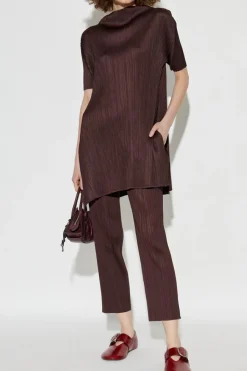Pleats Please Issey Miyake BRĄZOWY Plisowane spodnie