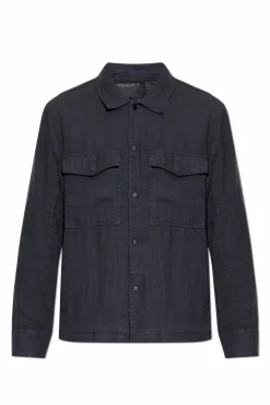 Rag & Bone GRANATOWY Lniana kurtka z kieszeniami