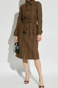Saint Laurent BRĄZOWY Płaszcz ze wzorem w kratę