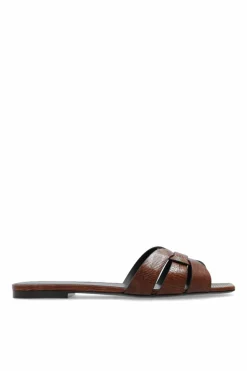 Saint Laurent BRĄZOWY Skórzane klapki