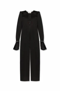 Saint Laurent CZARNY Jedwabny kombinezon z koronkowym wykończeniem