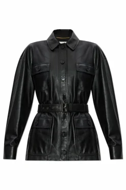 Saint Laurent CZARNY Skórzana kurtka z paskiem
