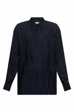 Saint Laurent GRANATOWY Jedwabna koszula ze wzorem w prążki
