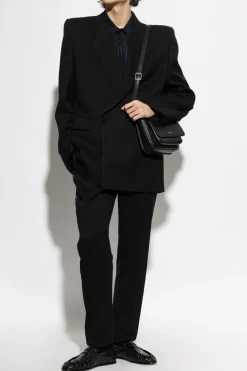 Saint Laurent GRANATOWY Jedwabna koszula ze wzorem w prążki