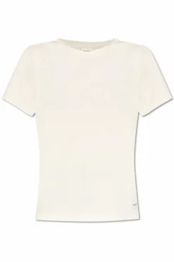 Saint Laurent kremowy T-shirt z naszywką z logo