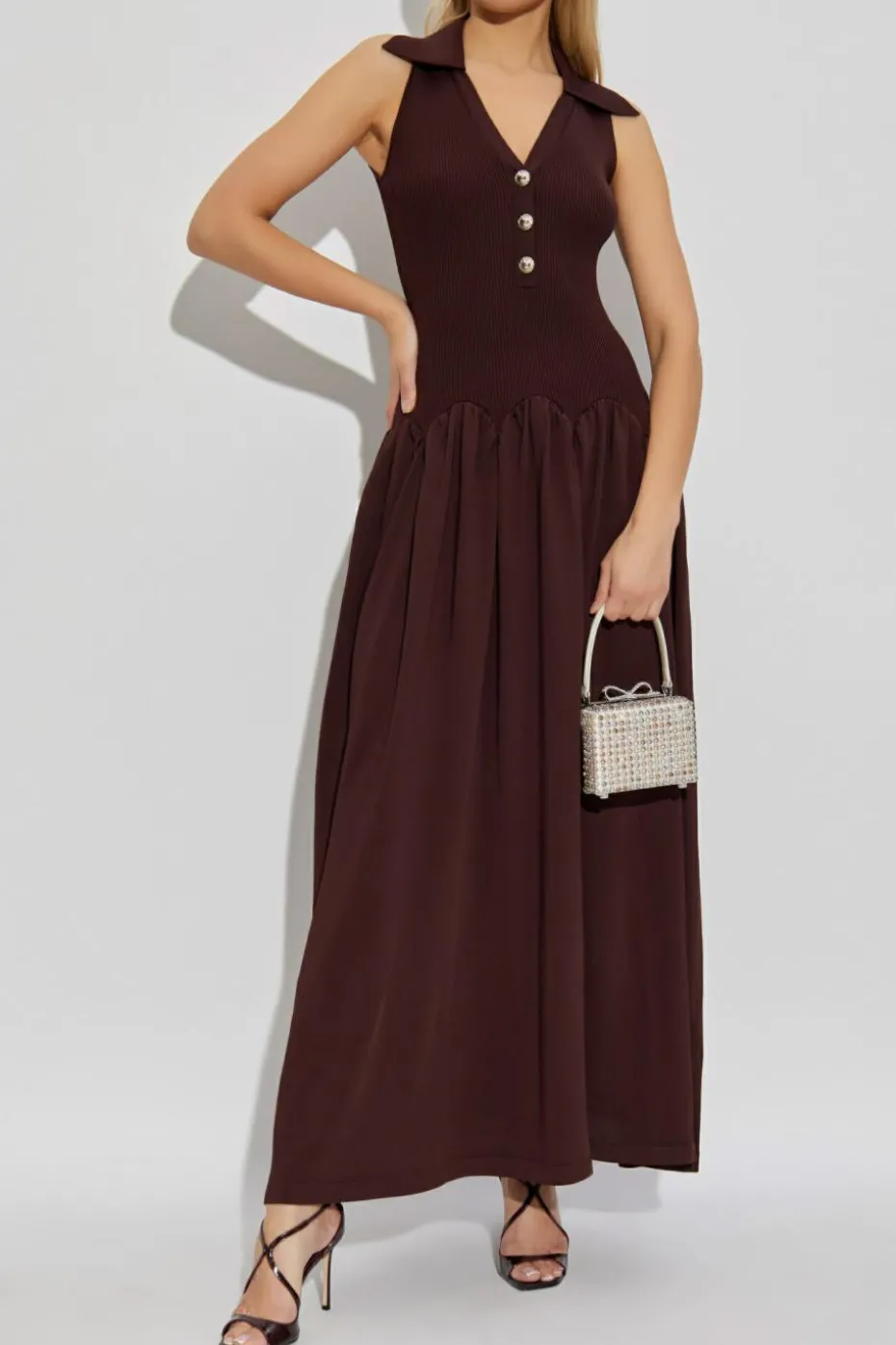 Self-Portrait BRĄZOWY Prążkowana sukienka bez rękawów