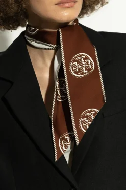 Tory Burch BRĄZOWY Jedwabna apaszka z logo