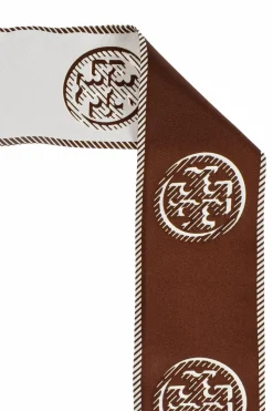 Tory Burch BRĄZOWY Jedwabna apaszka z logo
