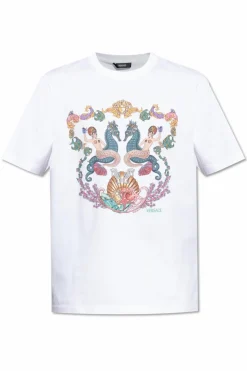 Versace BIAŁY T-shirt z kolorowym nadrukiem