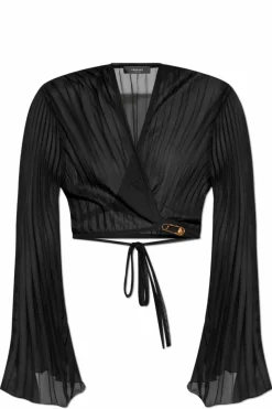 Versace CZARNY Plisowany top z kopertowym wiązaniem