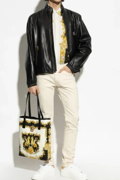 Versace CZARNY Skórzana kurtka ze stójką