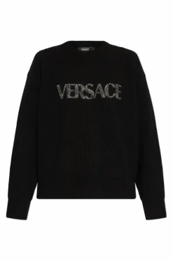 Versace CZARNY Sweter z logo wykończonym połyskującymi kryształami