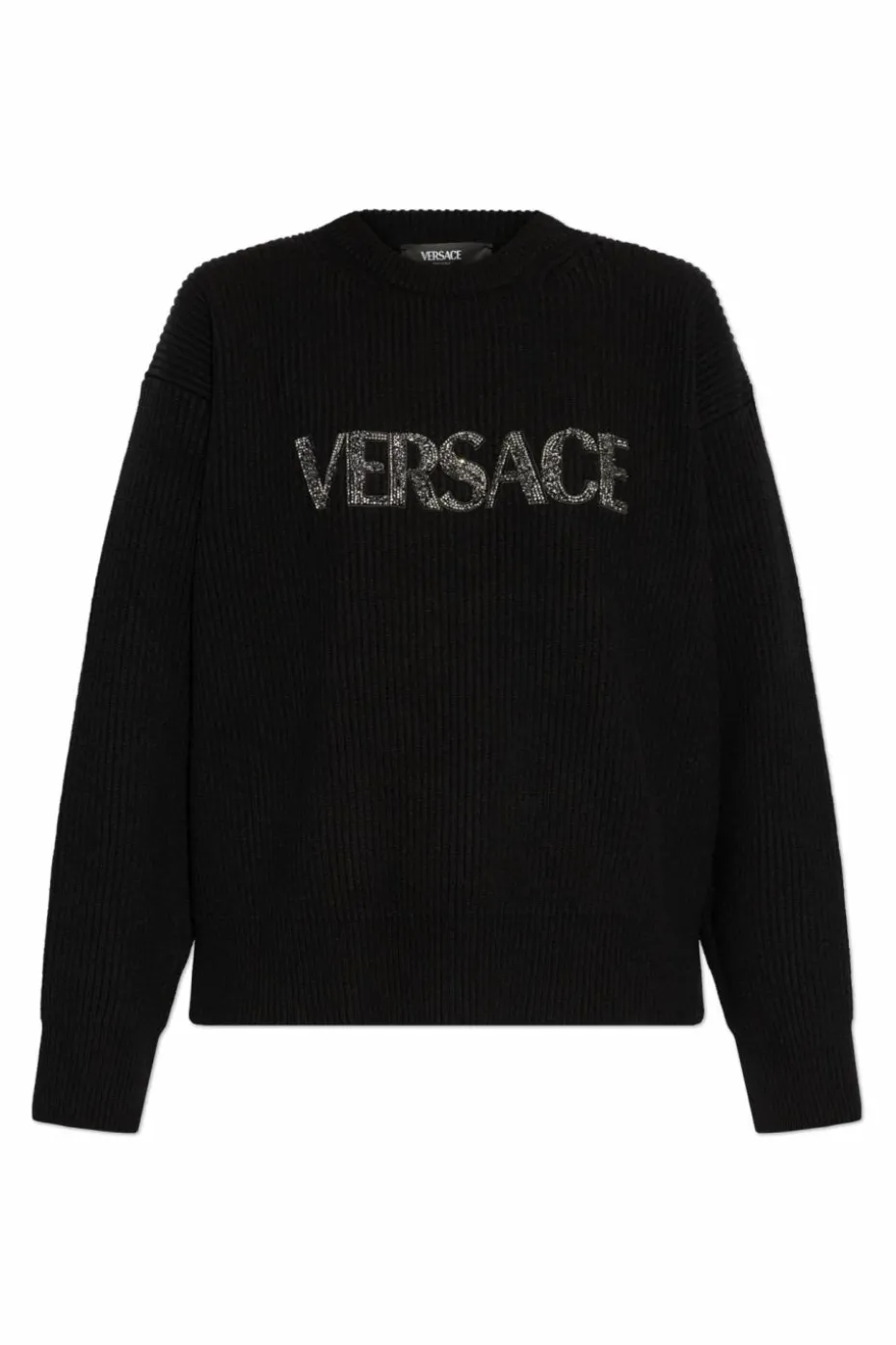 Versace CZARNY Sweter z logo wykończonym połyskującymi kryształami