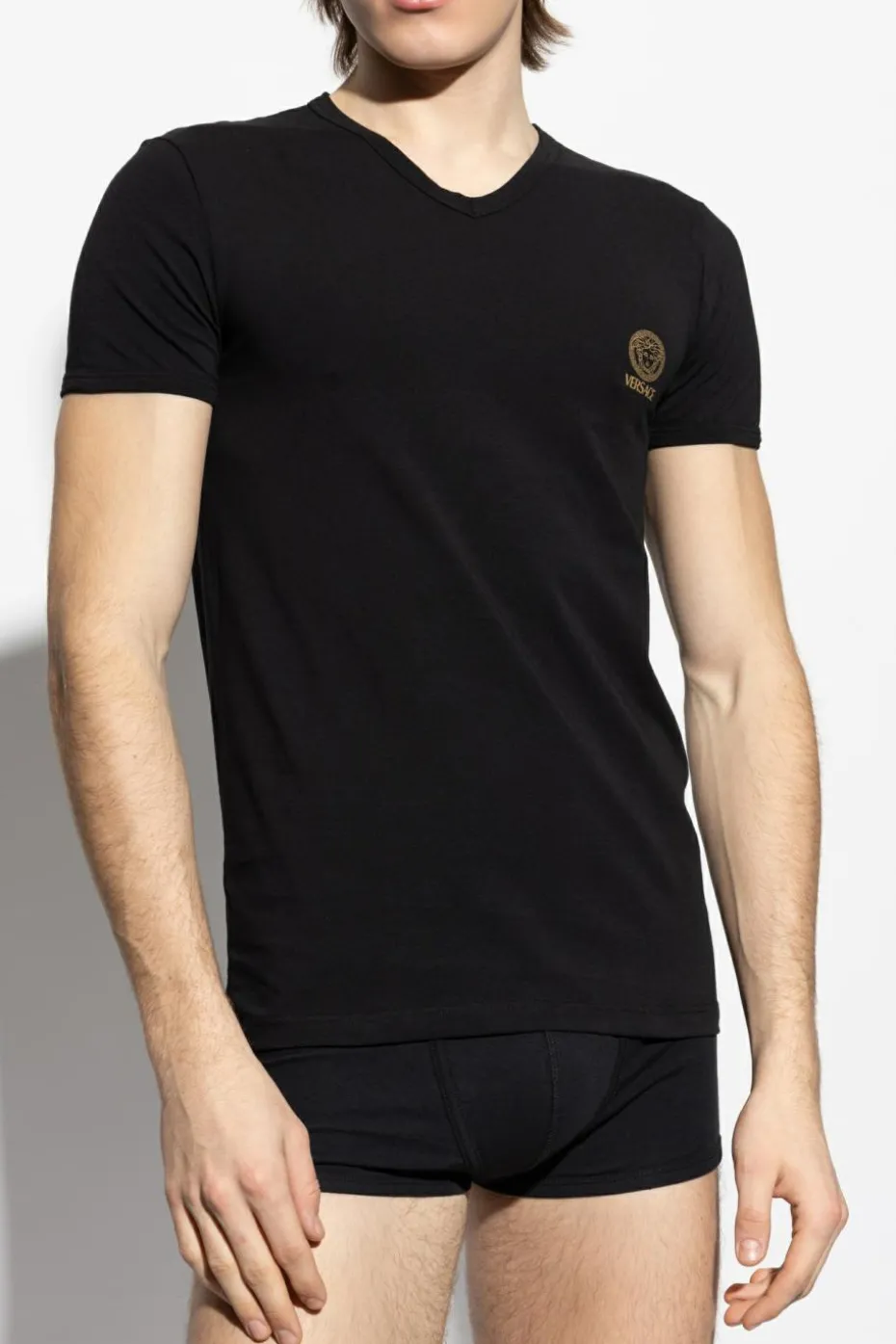 Versace CZARNY T-shirt bieliźniany z dekoltem w serek