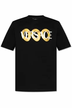 Versace CZARNY T-shirt z nadrukowanym logo