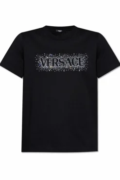 Versace CZARNY T-shirt z połyskującymi kryształami