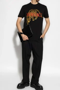 Versace CZARNY T-shirt z połyskującymi aplikacjami