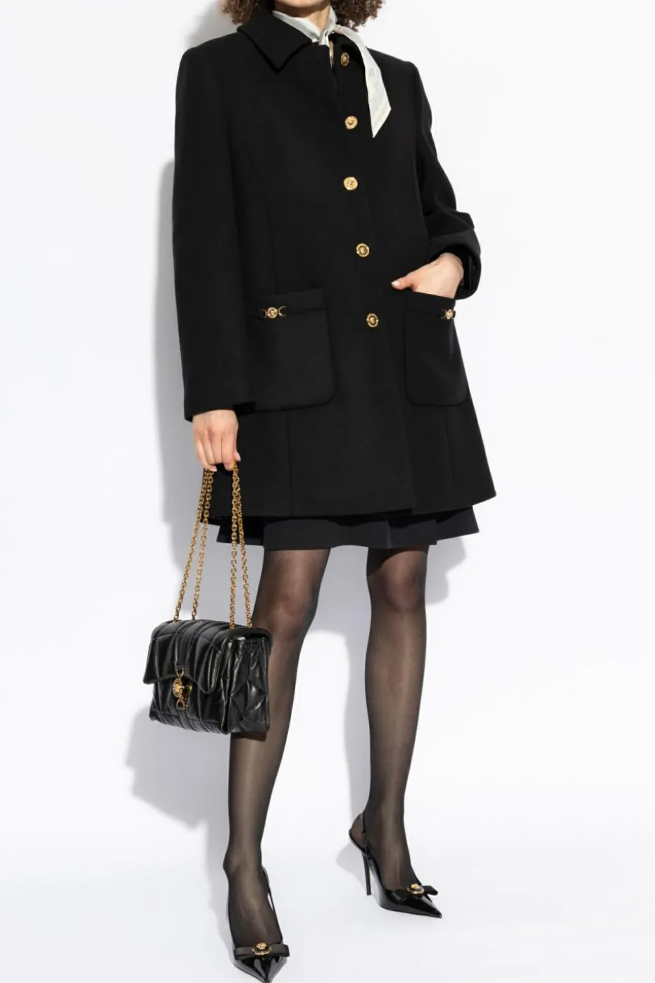 Versace CZARNY Wełniany płaszcz