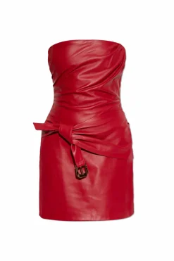 Versace CZERWONY Skórzana sukienka z odkrytymi ramionami