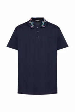Versace GRANATOWY Polo z kolorowym haftem na kołnierzu