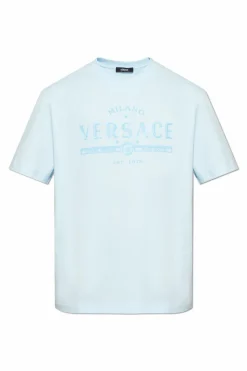 Versace jasnoniebieski T-shirt z nadrukowanym logo
