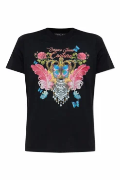 Versace Jeans Couture CZARNY T-shirt z nadrukiem i połyskującymi aplikacjami