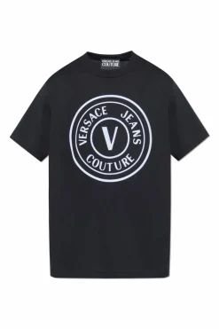 Versace Jeans Couture CZARNY T-shirt z nadrukiem o aksamitnym wykończeniu