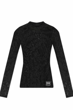 Versace Jeans Couture CZARNY Ażurowy t-shirt z długimi rękawami