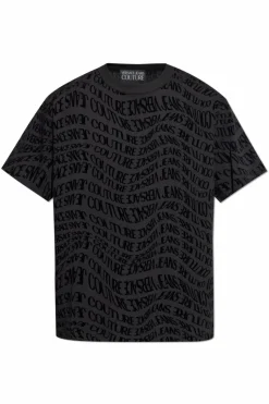 Versace Jeans Couture CZARNY T-shirt z monogramem o aksamitnym wykończeniu