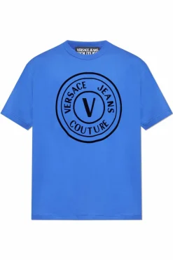 Versace Jeans Couture NIEBIESKI T-shirt z nadrukiem o aksamitnym wykończeniu