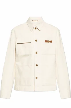 Versace kremowy Jeansowa kurtka z naszywką z logo