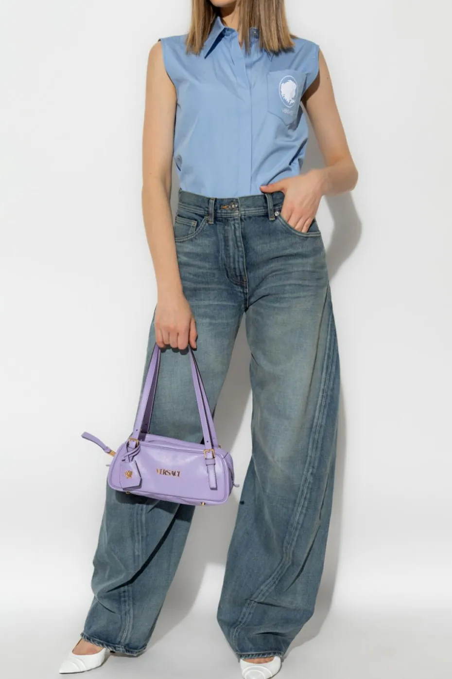 Versace NIEBIESKI Jeansy z efektem `vintage`