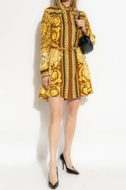 Versace ŻÓŁTY Jedwabna sukienka z paskiem